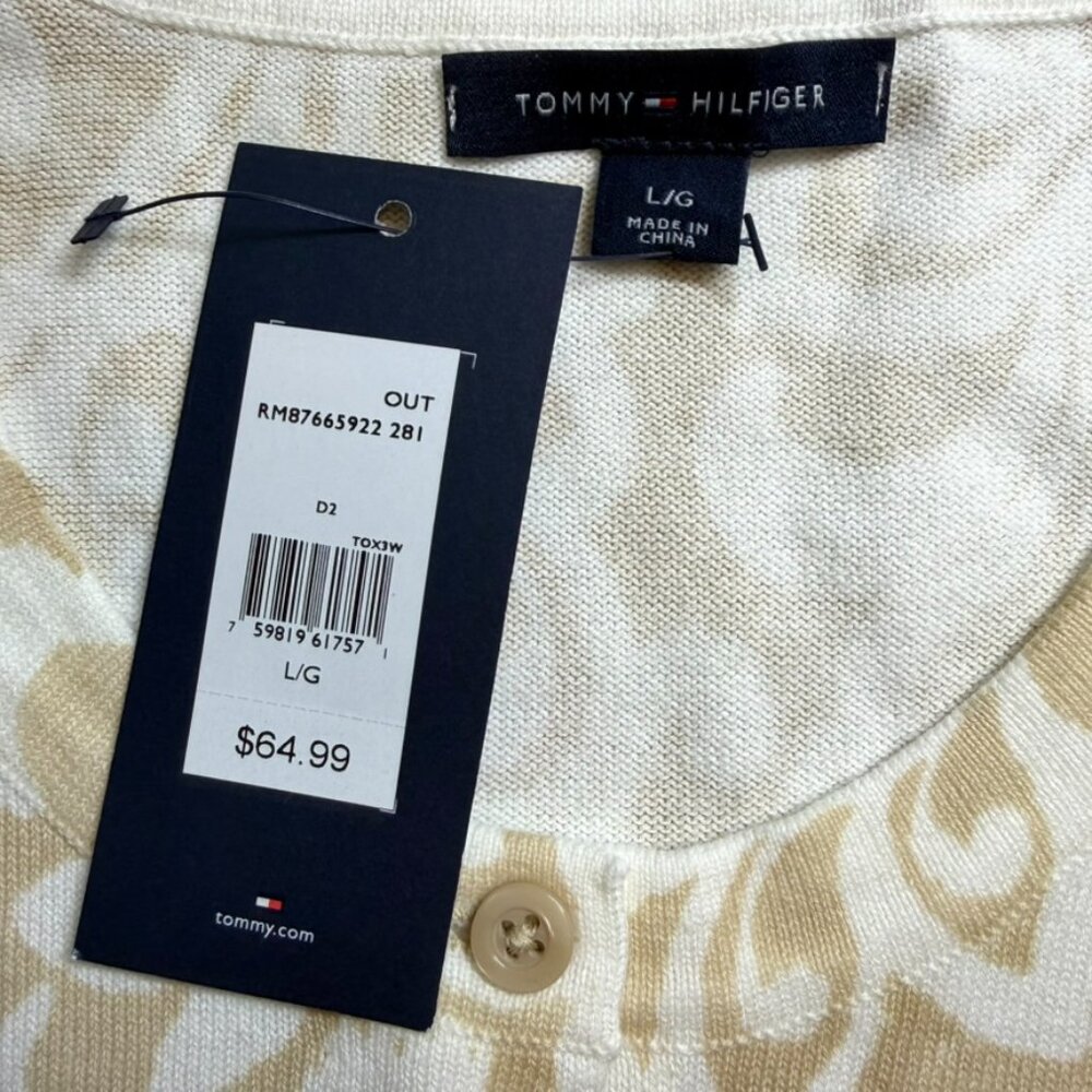 NWT Tommy Hilfiger Cream & Tan Paisley Floral Cotton Cardigan Sweater, Size L - Picture 2 of 11